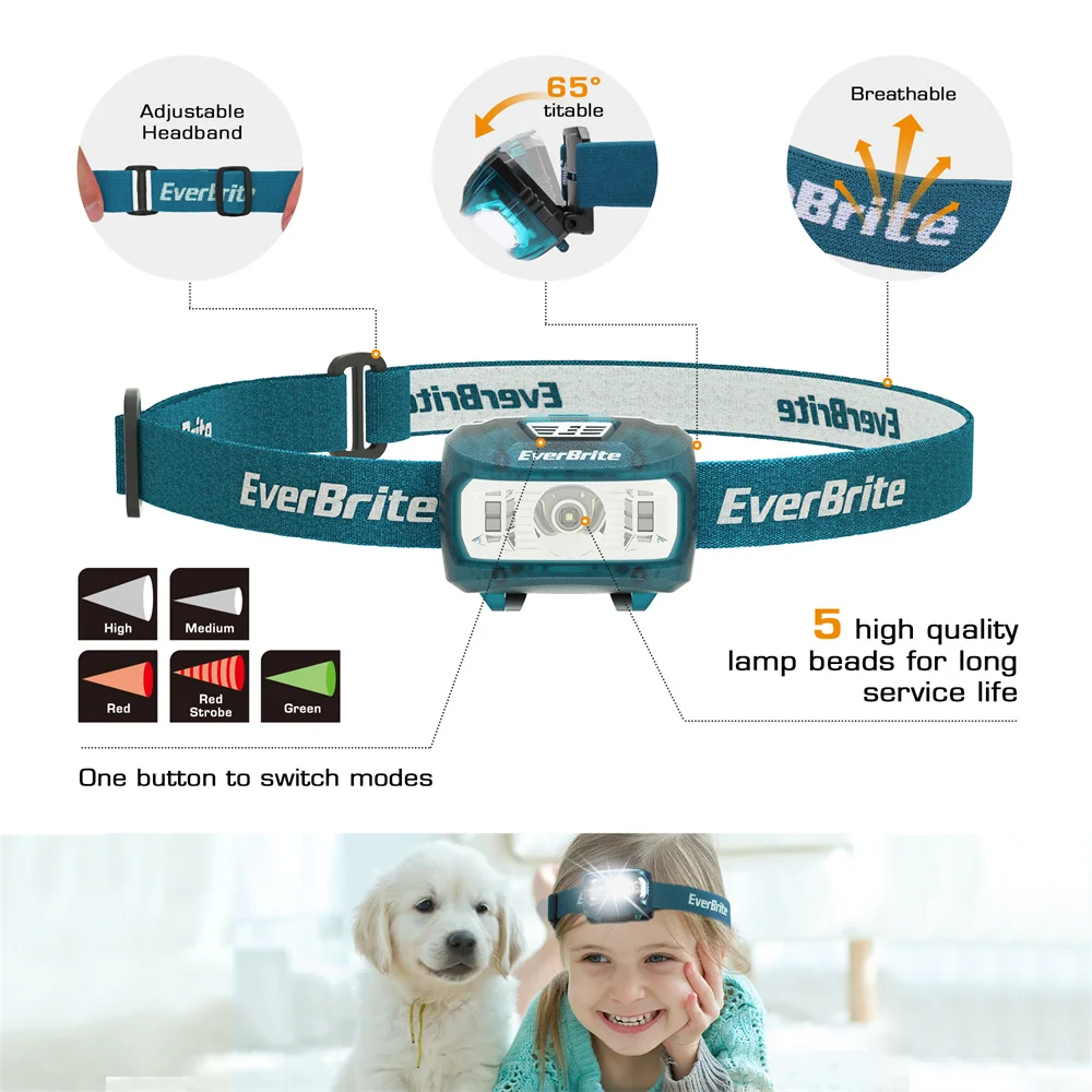 EverBrite LED Headlamp 5 Lighting Modes For Running Camping Hiking With AAA battery