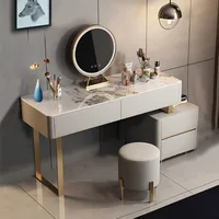 Makeup Vanity Table with Microfiber Leather Chair and Side Cabinet and Lights Mirror, Makeup Vanity with 4 Drawers, Vanity Set 1