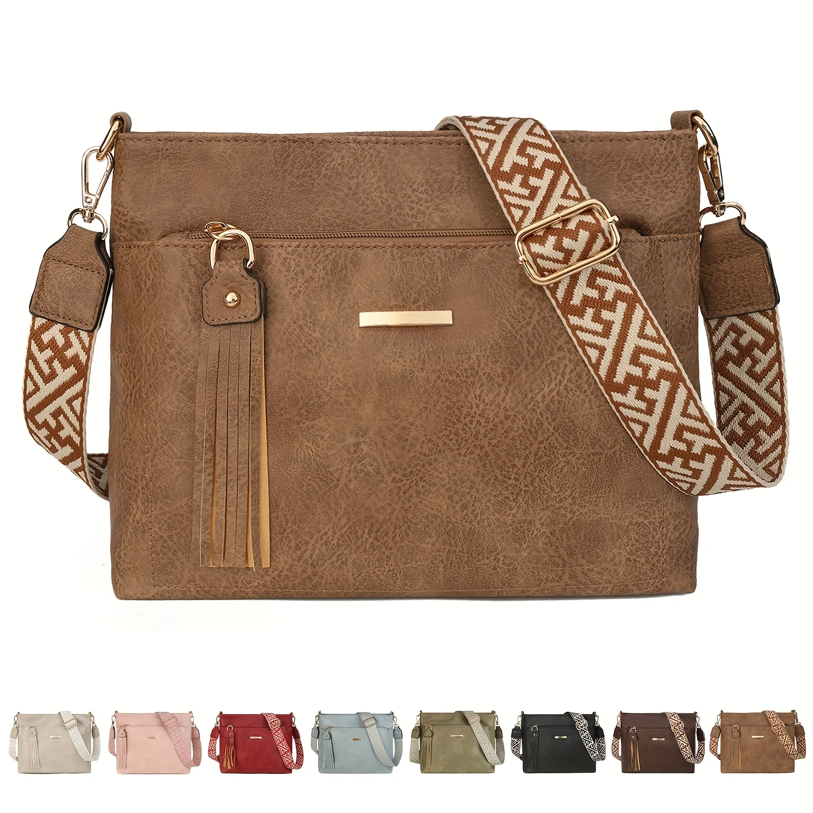 New Large-Capacity Women's Crossbody Bag with Fashionable Tassel Accessory, Wide Shoulder Strap, Contrast Color Square Bag