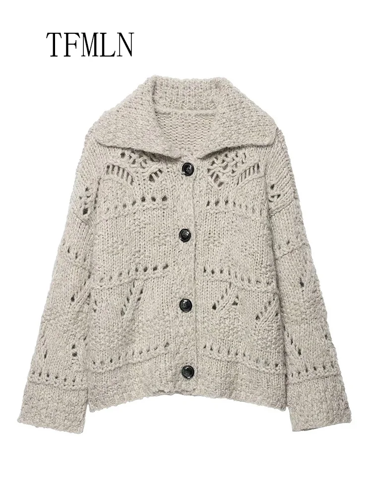 Oversize Women Hollow Out Knitted Sweaters 2025 Autumn Lapel Single Breasted Thick Loose Overall Fashion Causal Long Sleeve Coat