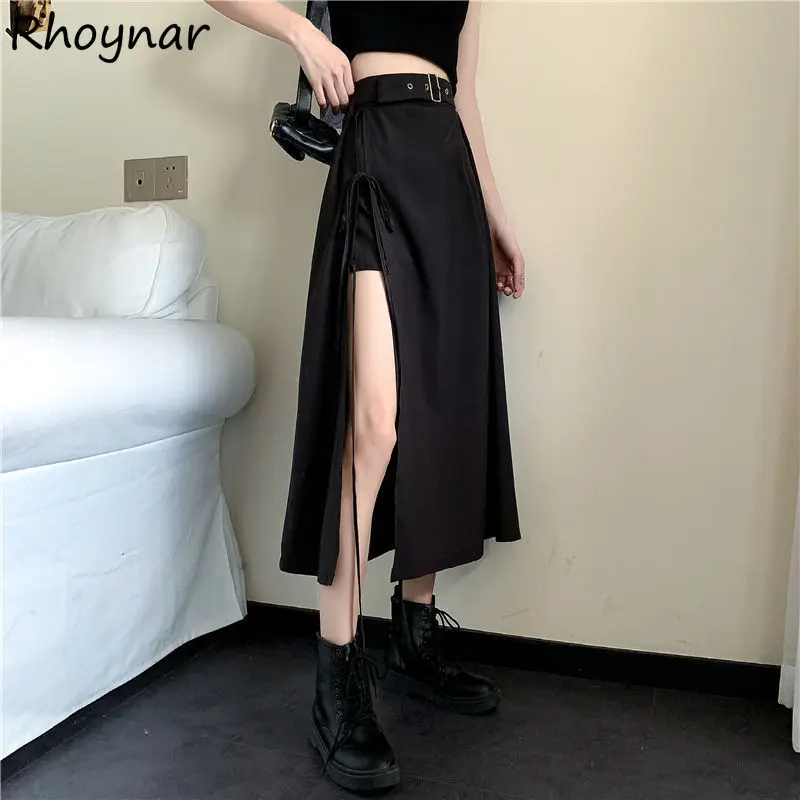 

Solid Skirts Women Summer Cool Girls Spicy Side-slit Designed Korean Style Popular Temperament All-match Daily Leisure A-line