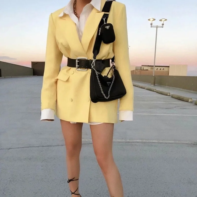 Yellow Double Breasted Casual Office Blazer + High Waist Straight Pants Suit Blazer Suit Solid Colors Two Piece Set 2024 Women