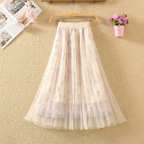 Skirts Woman Skirts 2021 Shopping  style Fashion Elastic Waist Embroidery Floral Mesh Skirt Long Gauze Ball Gown Beige Girl Student white pleated skirt Skirts