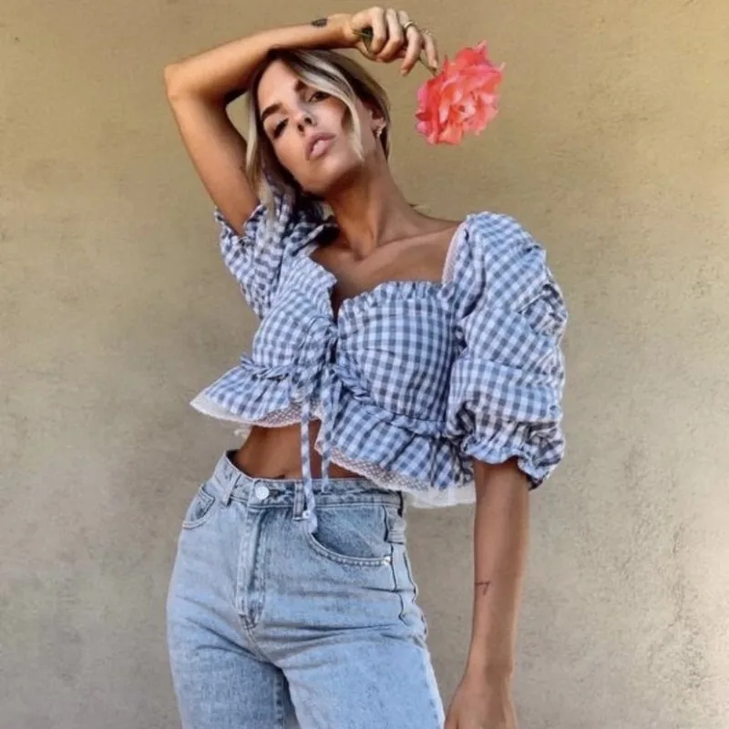 

Женская винтажная хлопковая блузка с квадратным вырезом, оборками и рукавами-фонариками