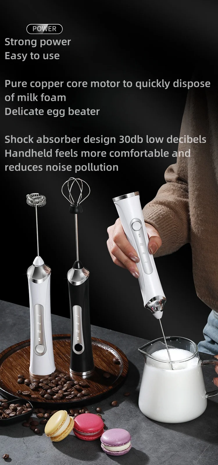 Description Picture 2 of item2024 New Hand-Held Wireless Electric Milk Foam Machine 3-Gears Adjustment High-Fficiency Motor Durable 304 Stainless Steel Mixer