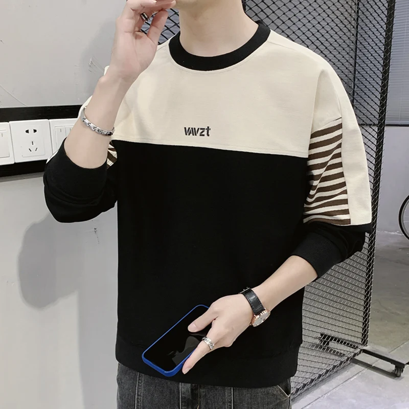 2024 Spring and Autumn Men's New Pullover Round Neck Contrast Letter Print Fashion Loose and Versatile Long Sleeved Sweater