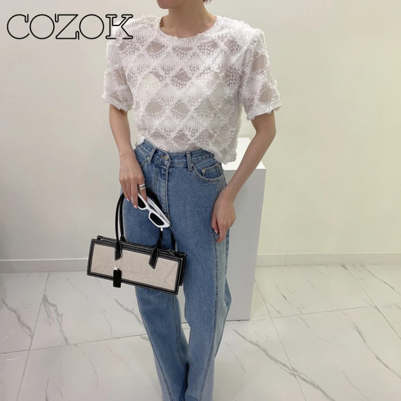 

Корейская шикарная летняя новая темпераментная кружевная рубашка COZOK в клетку со стразами, дизайнерская нишевая микро-рубашка с короткими рукавами
