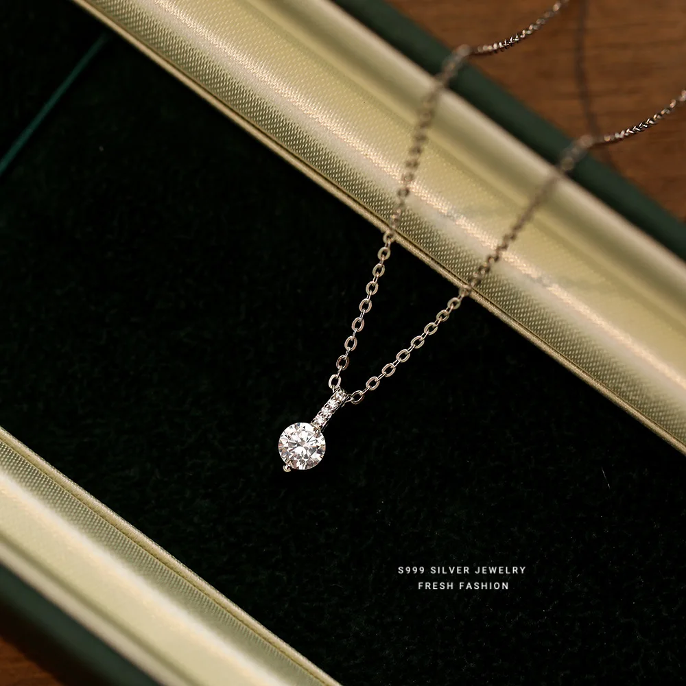 Real 999 Sterling Silver Necklace Korean Shiny Zircon