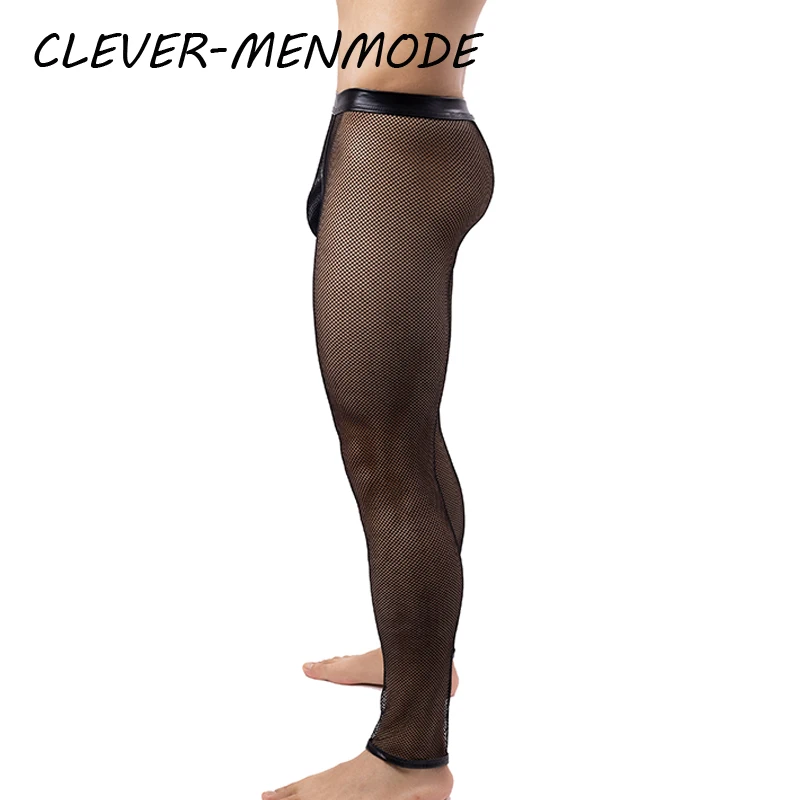 CLEVER-MENMODE Sexy Fishnet PU See-Through Transparent Trousers Men's Porn Mesh Leggings Sissy Exotic Pajama Pants