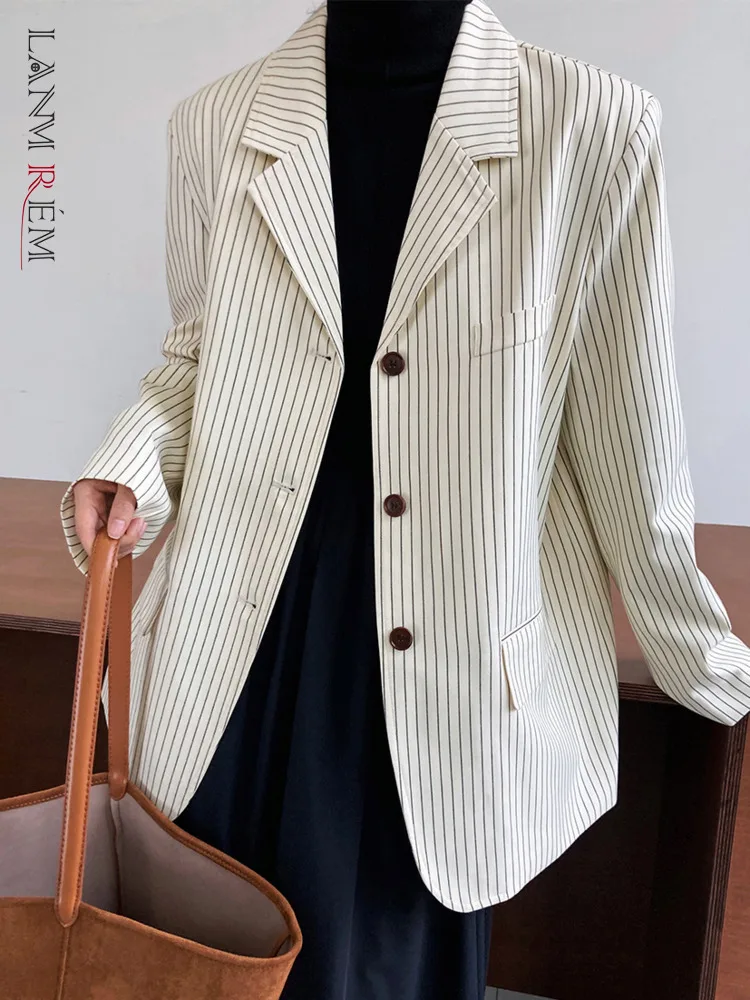 

LANMREM Vertical Striped Blazer Notched Single Breasted Coat Women's High End Fashion Casual Style Top 2024 New 2YA1410