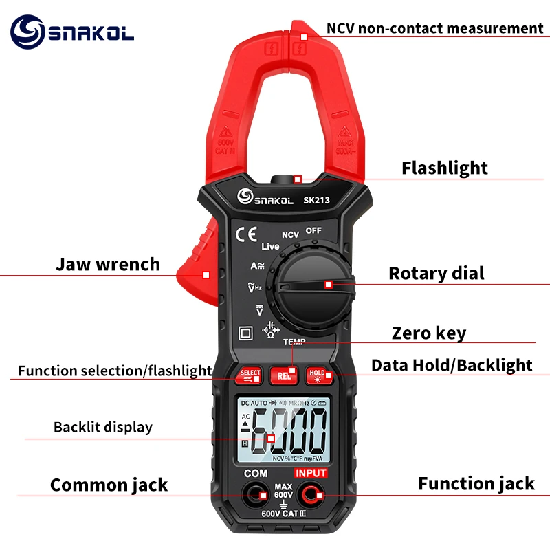 SNAKOL Digital Clamp Meter 600A Strom True RMS Smart Zange amperemeter Auto Klingelte 6000 Multimeter DC AC Spannung Hz Ohm NCV Tester