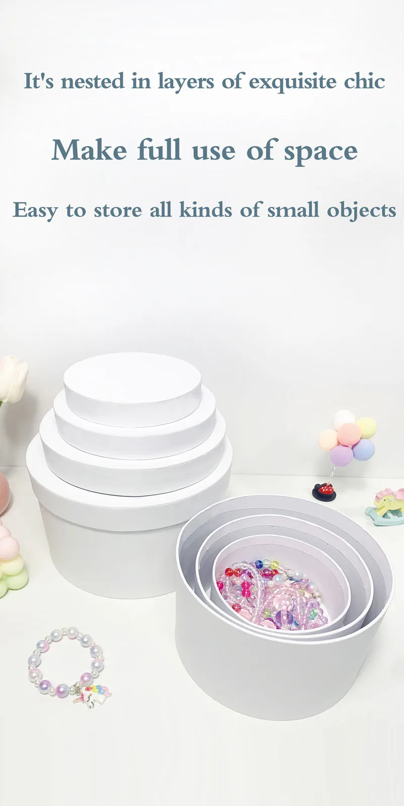 Set OPf 4 runde weiße Geschenkboxen, verschachtelte Geschenkverpackungsboxen aus Pappe für Hochzeiten, Geburtstage, Partys, Heimdekoration, Geschenkbox – Detail 4