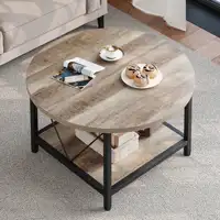 Round Coffee Table with Storage, Rustic Living Room Tables with Sturdy Metal Legs, OAK 1