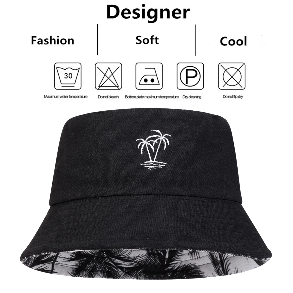 Unisex Coconut Tree Embroidery Double Sided Wearing Bucket Hats Fishermen Caps Outdoor Casual Sunscreen Hats