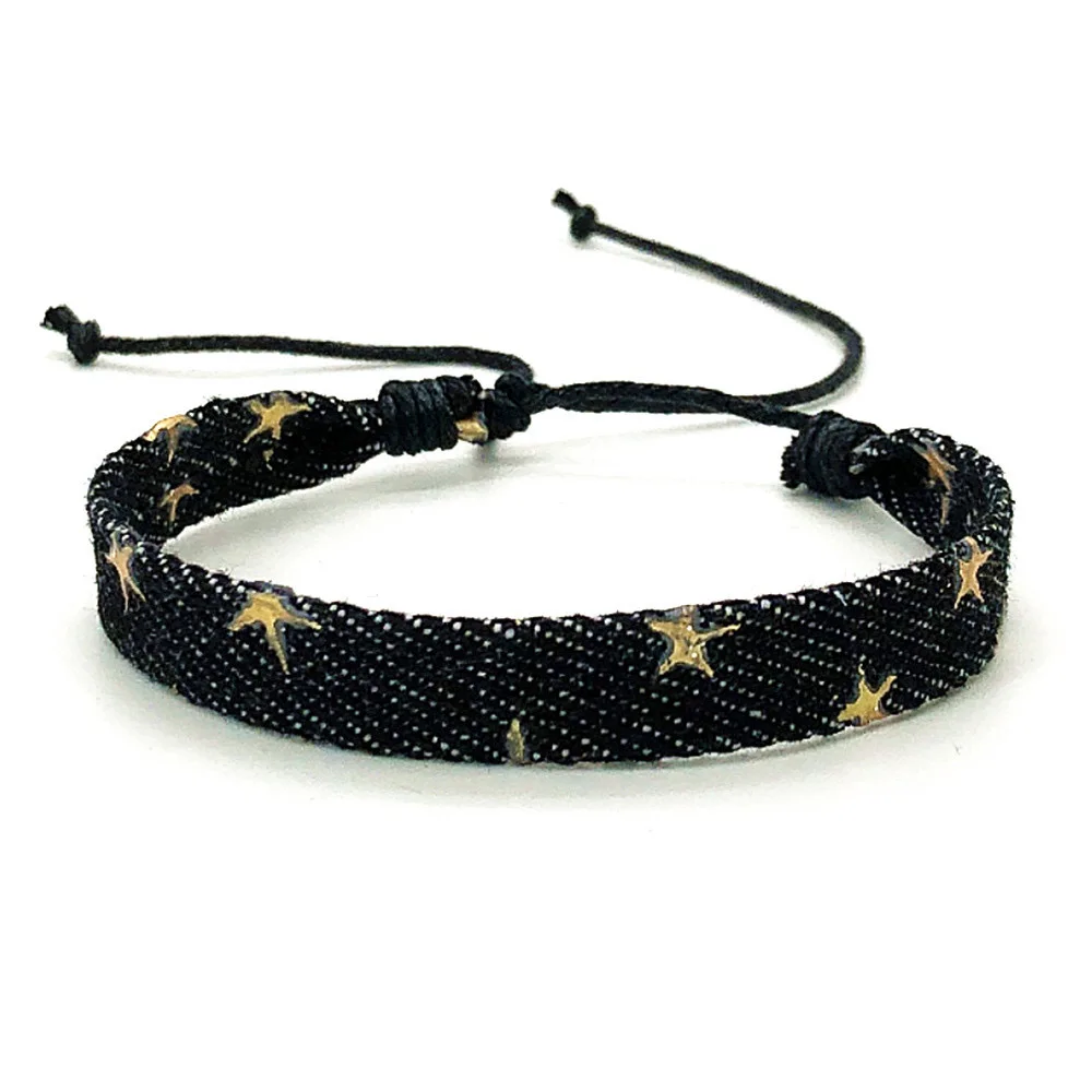 Vintage Star Pattern Denim Fabric Bracelet Handwoven Wrist Strap Jewelry for Women Men