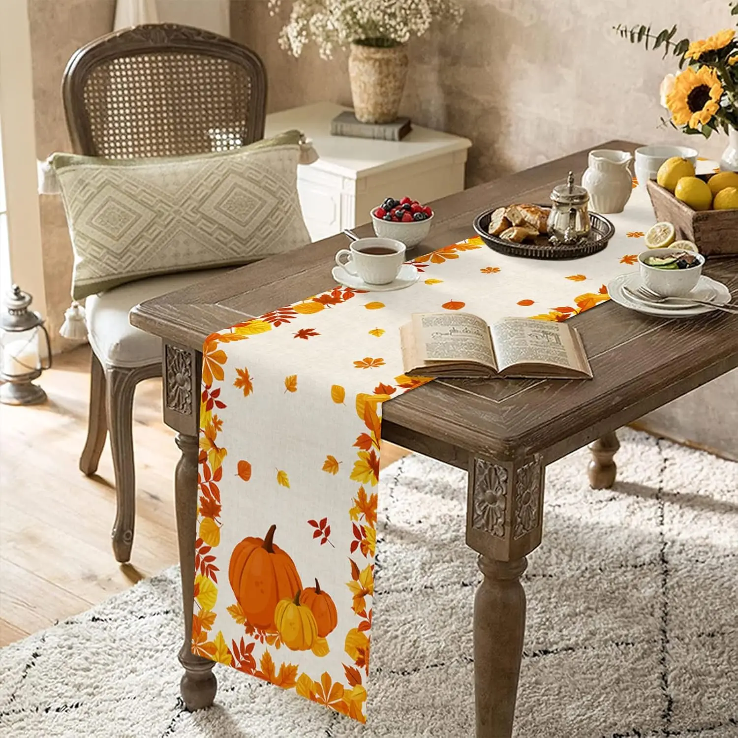 Autumn Orange Pumpkin Maple Leaf Thanksgiving Linen Table Runner
