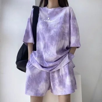 Women T-Shirt Shorts Suit Set Casual Tie Dye Loose tshirt and wide leg middle shorts with pockets female Soft Summer Shorts Sets 1