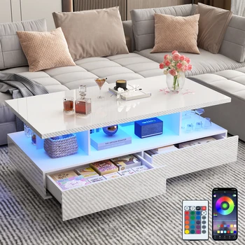 43 Inch LED Coffee Table w/2 Storage Drawers, Modern High Gloss Coffee Table w/Display Shelf, Rectangle 2-Tier Center Table 2