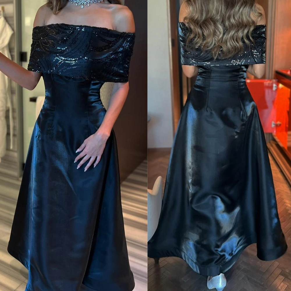 

Exquisite Off-the-shoulder A-line Prom Dresses Paillette / Sequins Taffeta Anke length Evening فساتين للحفلات الراقصة