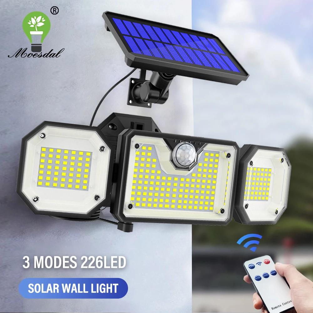 226LED Solar Wall Light with Motion Sensor Three Head Split Outdoor Garden Light IP65 Waterproof for Road Garden Garage Lighting