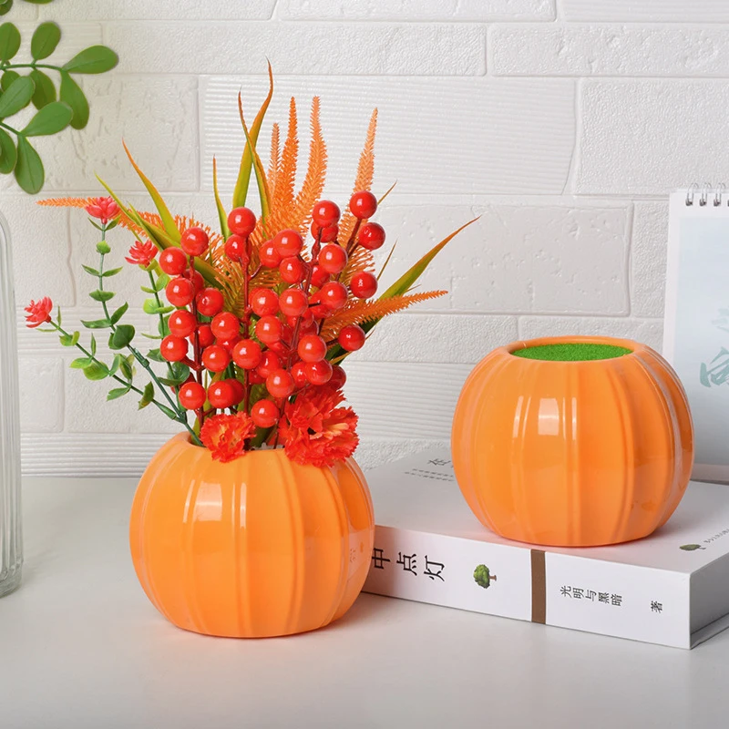 Simulation Pumpkin Vase Plastic Flower Arrangement Vase Sundries Organizer Living Room Tabletop Ornaments Home Garden Decoration 3