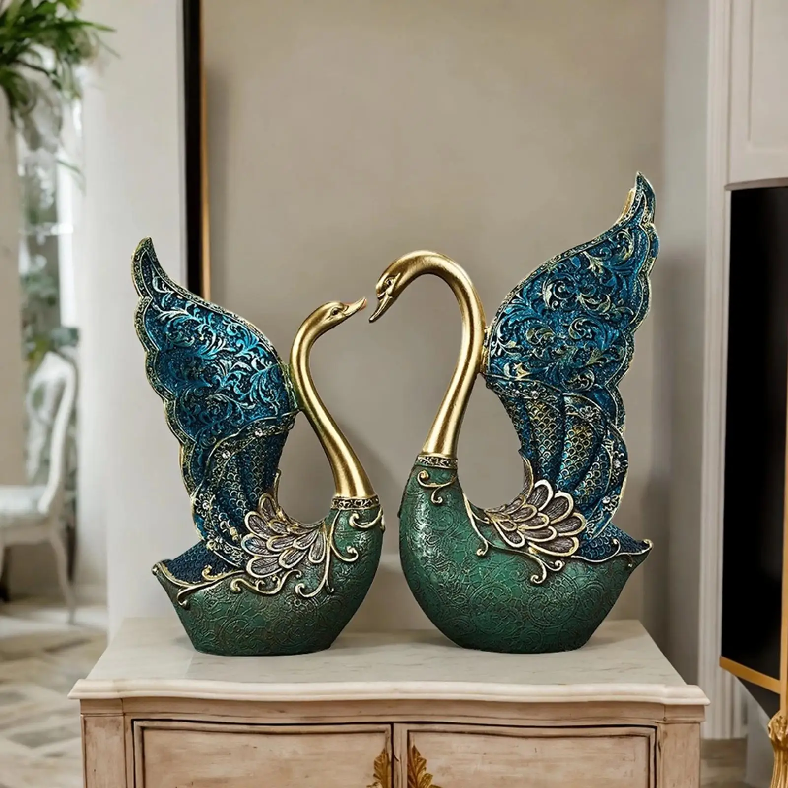 

2x Resin Sculpture Birds Figure Anniversary Birthday Swan Figurines Statues