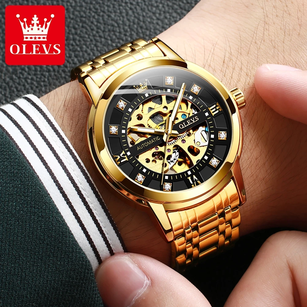 OLEVS New Fashion Skeleton Mechanical Watch for Men Stainless Steel Waterproof Luminous Hollow Watches Mens Relogio Masculino