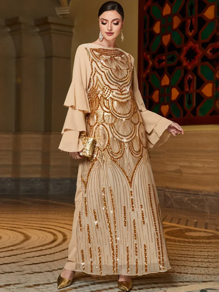 

Eid Muslim Sequins Dress for Women Abaya Ramadan 3 Layers Butterfly Sleeve Long Abayas Woman Robe Moroccan Caftan Vestidos