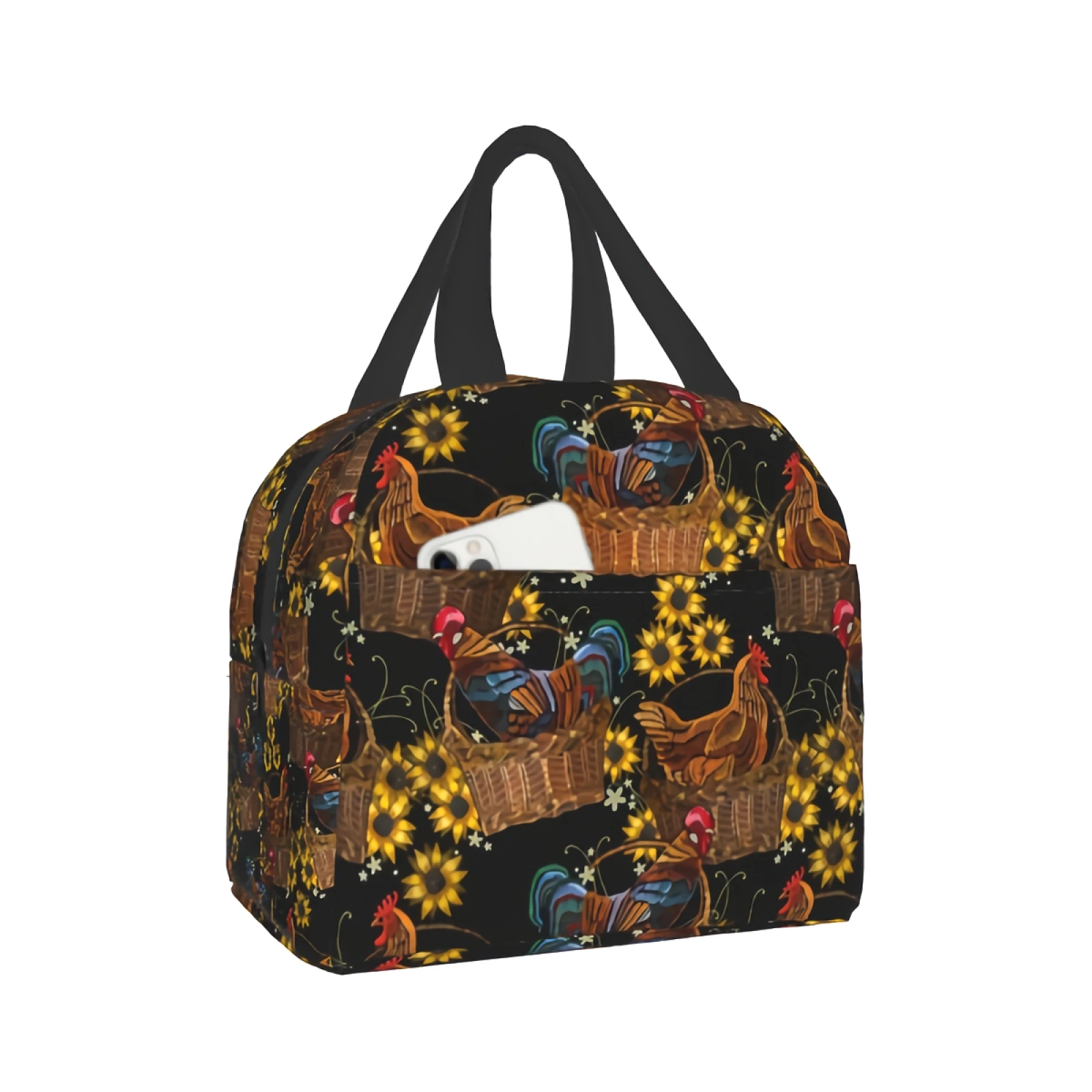 

Chicken Rooster Sunflowers Portable Insulated Lunch Bag Waterproof Watercolor Spring Yellow Flower Tote Bento Bag Lunch Tote