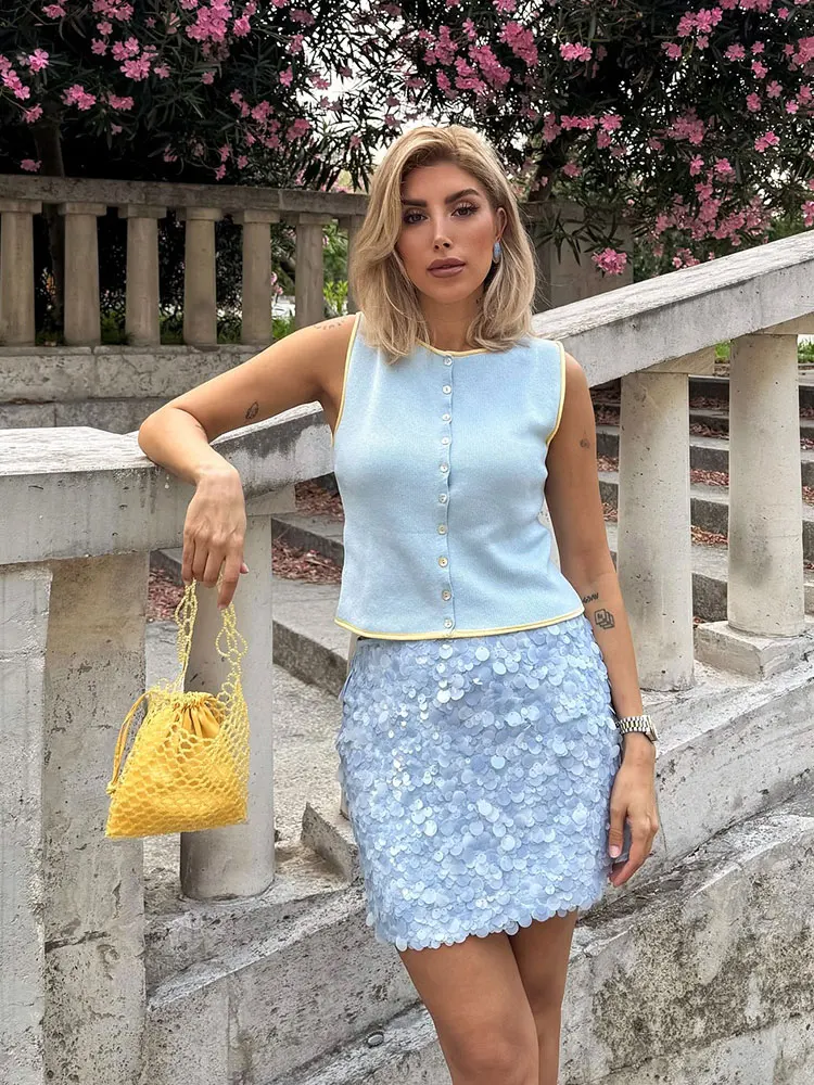 HH Women Elegant Fashion Shinny Sequin Mini Skirt Slim High Waist A Line Skirts Summer Female High Street Lady Sexy Skirt