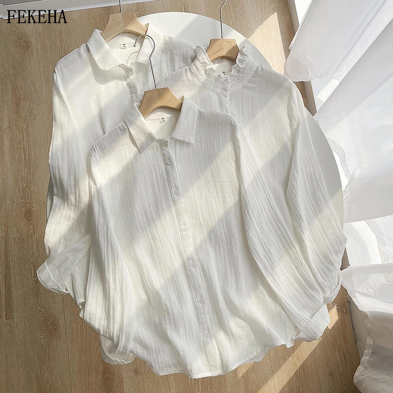 Spring Autumn Women White Shirt Cotton Yarn Blouses Long Sleeve Casual Lady Tops Loose Female Clothes