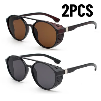 2 pçs clássico gótico estilo steampunk óculos de sol das mulheres dos homens marca designer retro redondo lente colorida vintage óculos de sol uv400 1