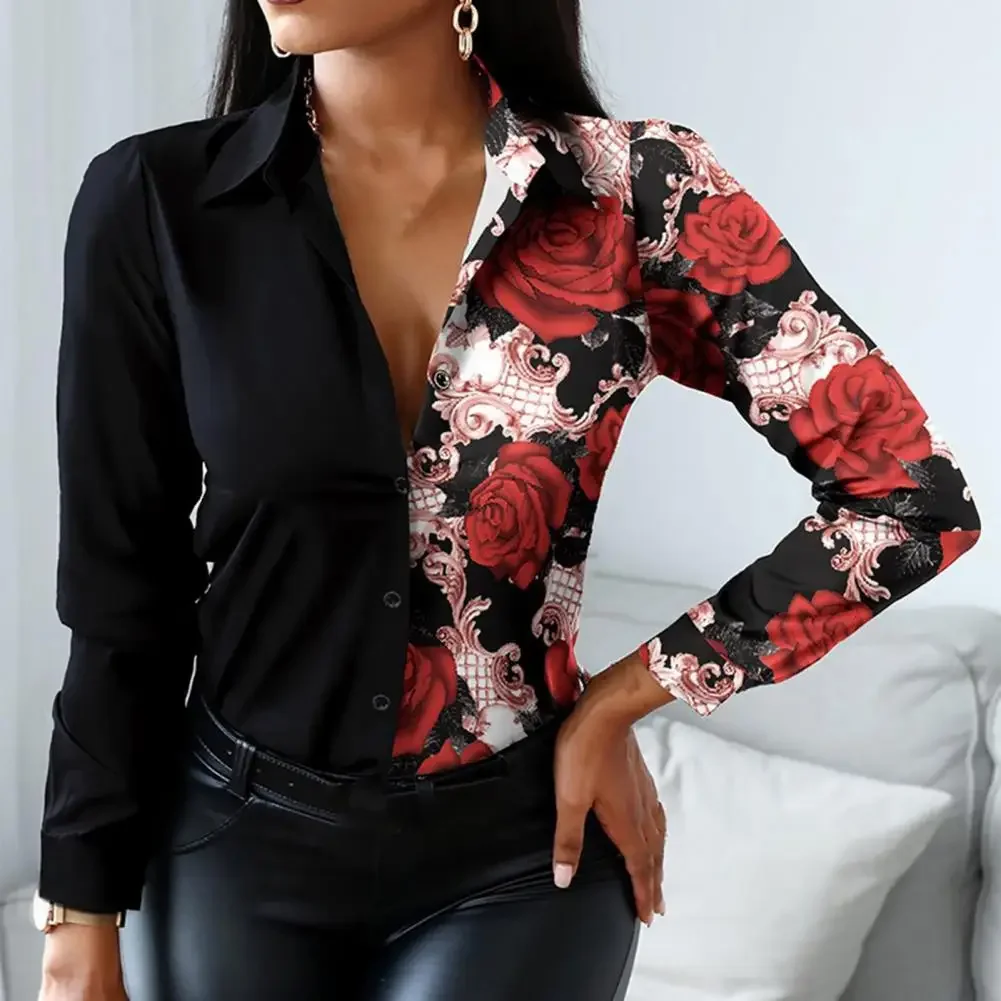 Office Lady Shirt Leopard Single Breasted Spring Autumn Temperament Lapel Blouse for Daily Wear