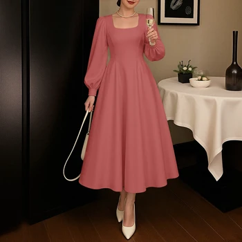 ZANZEA Elegant Women Square Collar Long Party Dress 2025 Autumn Long Puff Sleeve Wedding Vestidos Casual Solid Color Midi Robe 1