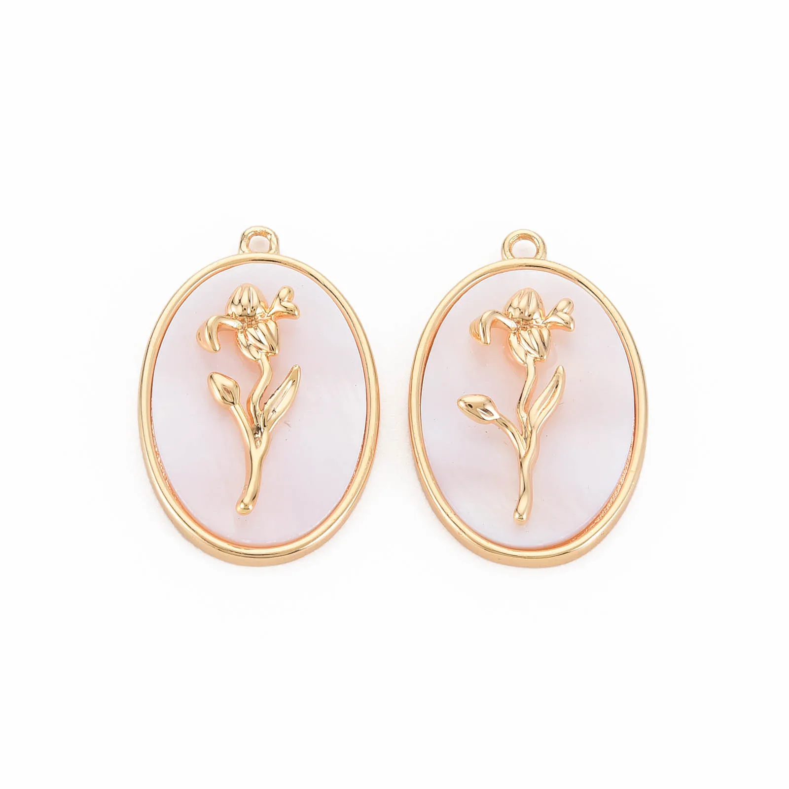 10pcs Brass Shell Pendant Oval with Flower Real Gold Plated Anklet Necklace Earring Charms DIY Summer Jewelry Making Accessories