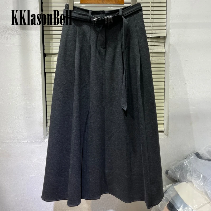 

11.7 KKlasonBell Temperament Bead Chains Belt Wool Midi Skirt Women