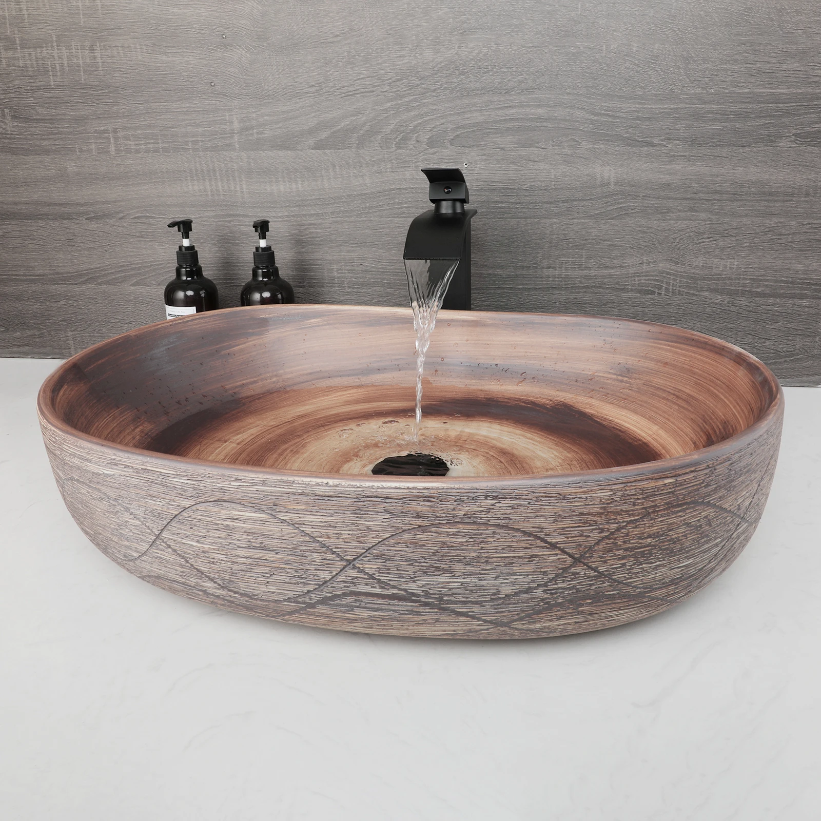 ZAPPO Wood Colored Ceramics Bathroom Sink Vessel Sink for Bathroom  Above Counter Ceramic Bathroom Vanity Vessel Sink Bowl 4