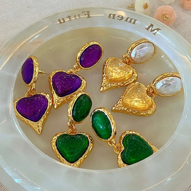 Minar Esagerato Giallo Viola Verde Colore Amore Cuore Dichiarazione Orecchino Per Le Donne Orecchini Pendenti Lunghi Metallici Gioielli Vintage