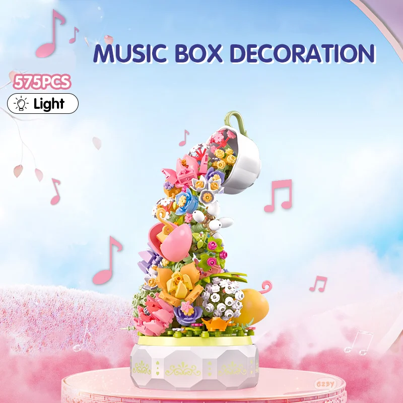 

SEMBO BLOCK 575pcs Teacup Flower Lighting Music Box Building Block Home Decor Anime Creative Gift Toy For Child Adults