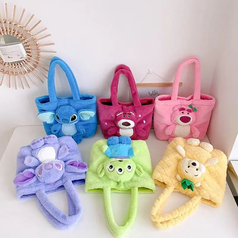 Disney 2025 New Cartoon Plush Doll Shoulder Bag Sweet and Cute Stitch Strawberry Bear Soft Cute Girls Handbag