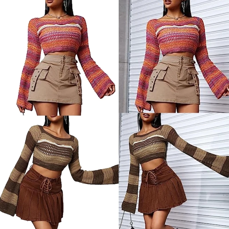 

Women Sweet Crochet Knit Hollow Out Crop Tops Cover Up Shrugs Long Sleeve Square Neck Casual Cropped Smock Top Blouse