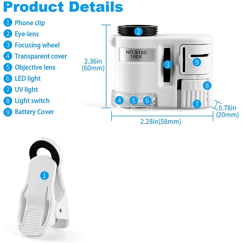 AEE9-4 Pcs 100X 줌 클립 온 현미경, LED 조명, 휴대용 돋보기 루페 포켓 돋보기 렌즈 유리