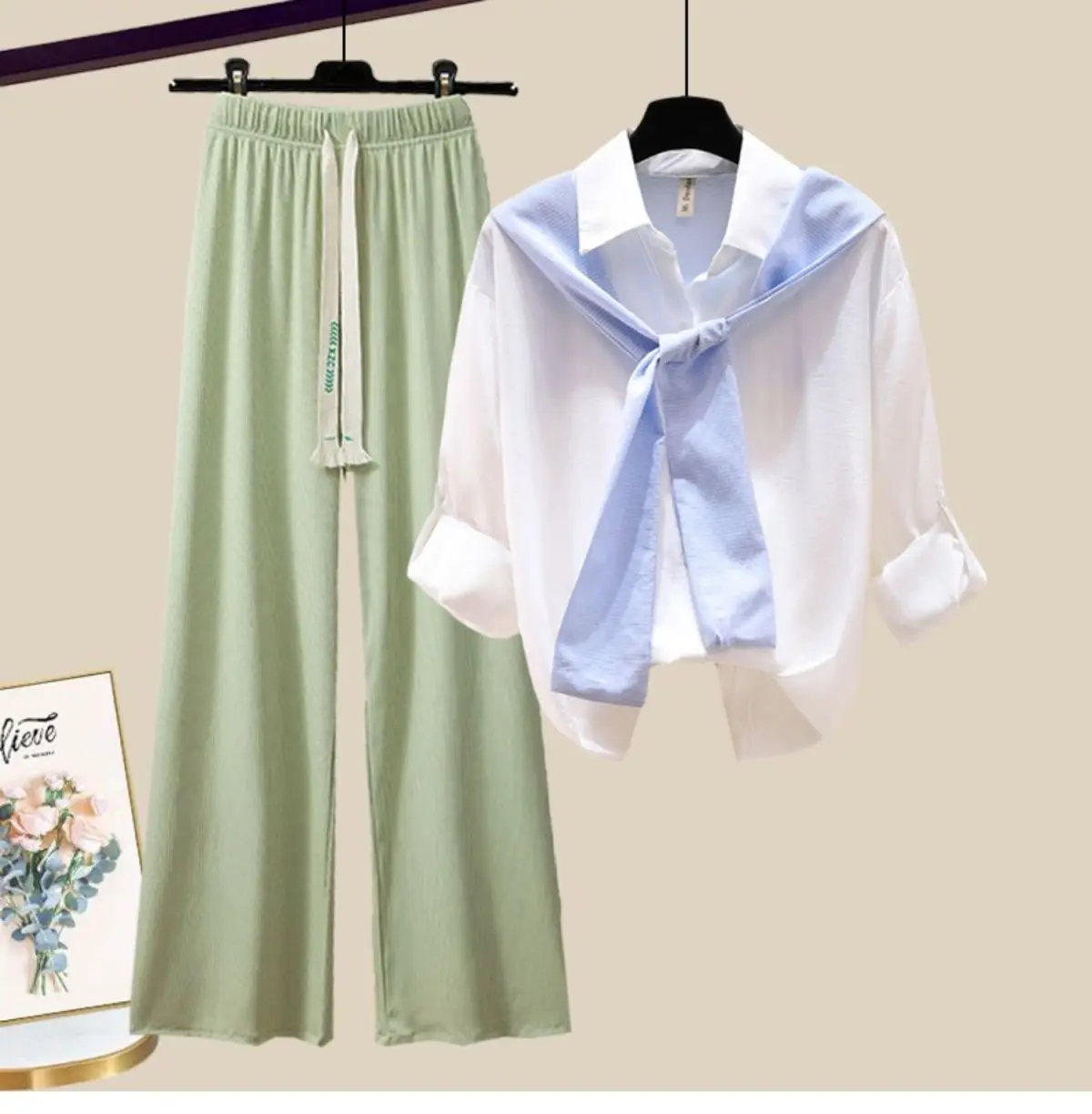 2023 New Striped Shawl Chiffon Shirt Casual Wide Leg Pants Two-piece Elegant Women's Pants Suit Summer Cool Outfits Tracksuit