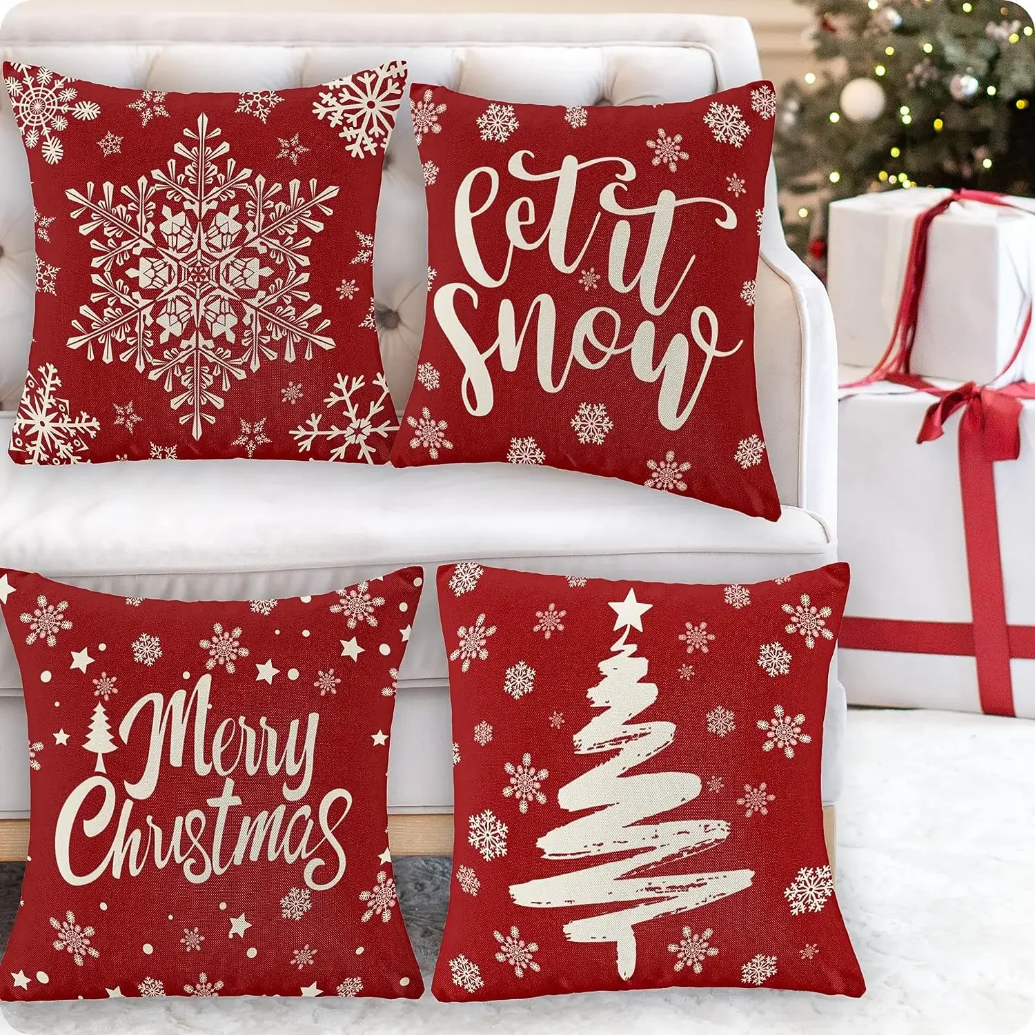 

4pcs/set Christmas Pillowcase, Red Pillow Cover Farmhouse Snowflake Christmas Linen Pillowcase Suitable for Sofa Home Decoration
