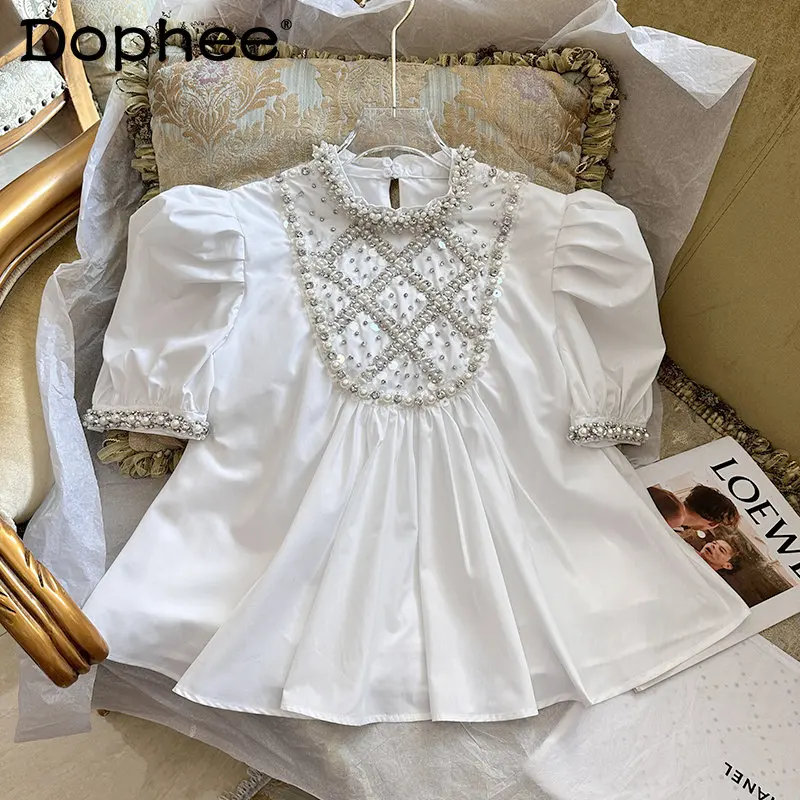 

2023 Summer New Stand Collar Short Sleeve Shirt Women Hot Rhinestone Embroidered Palace Style Puff Sleeve White Blouse Top Lady