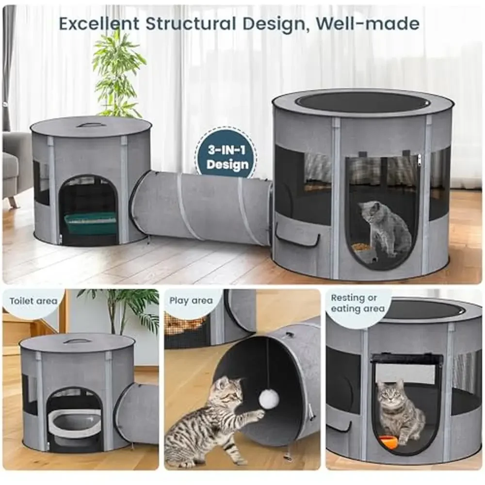 Portable Cat Playpen Tunnel 3-in-1 Foldable Puppy Pen Waterproof Bottom 2-Room Separable Pet Tent Enclosed Mesh Separable Doors