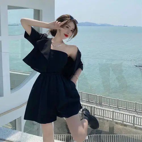 얇은 루즈 슈트 코트 및 반바지, 오프 숄더 단색 반바지 세트, 트렌드 한국 패션 여성 의류, 여름 신상 4