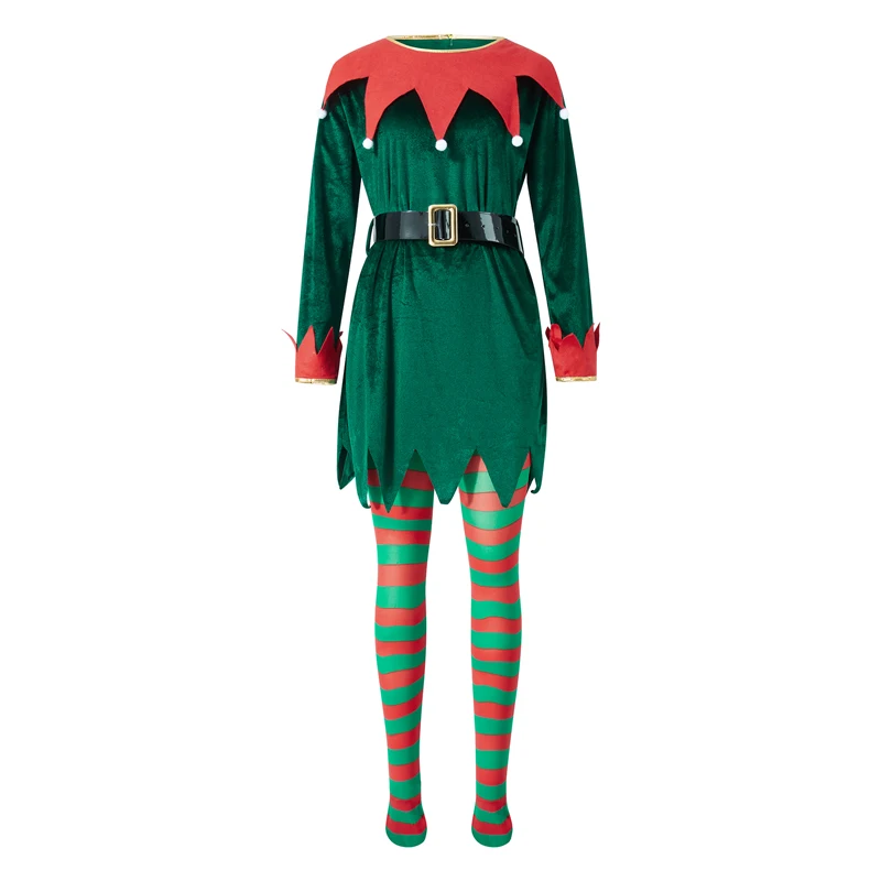 Christmas Elf Costume for Women with Hat and Stockings Adult Cosplay Outfit for Themed Party Celebration