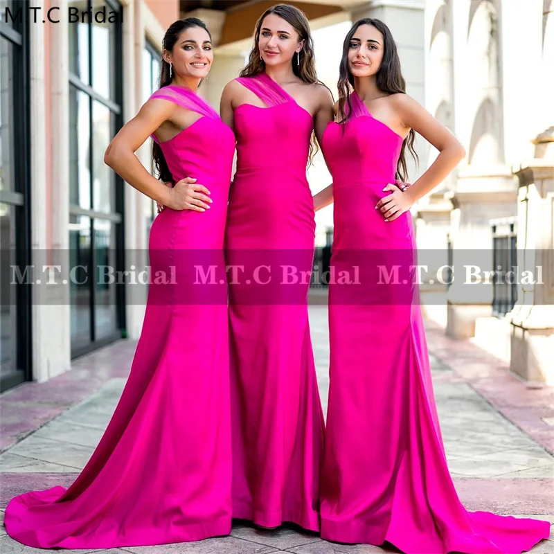 

Wholesale Long Bridesmaid Dresses One Shoulder Sweep Train Pink Wedding Party Gowns For Maids Of Honor Dress