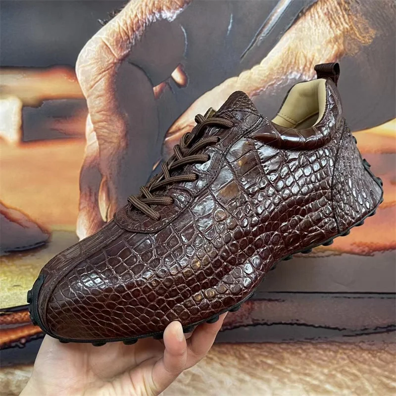 Authentic Real True Crocodile Skin Men Casual Brown Sneakers Genuine Alligator  Leather Male Lace-up Walking Flats Driving Shoes